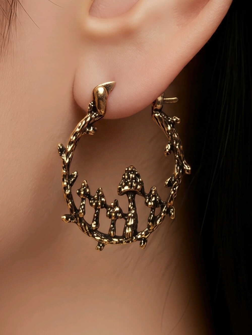 Mushroom Forest Hoop Earrings Antique Gold Fairycore Cottagecore Nature Jewelry